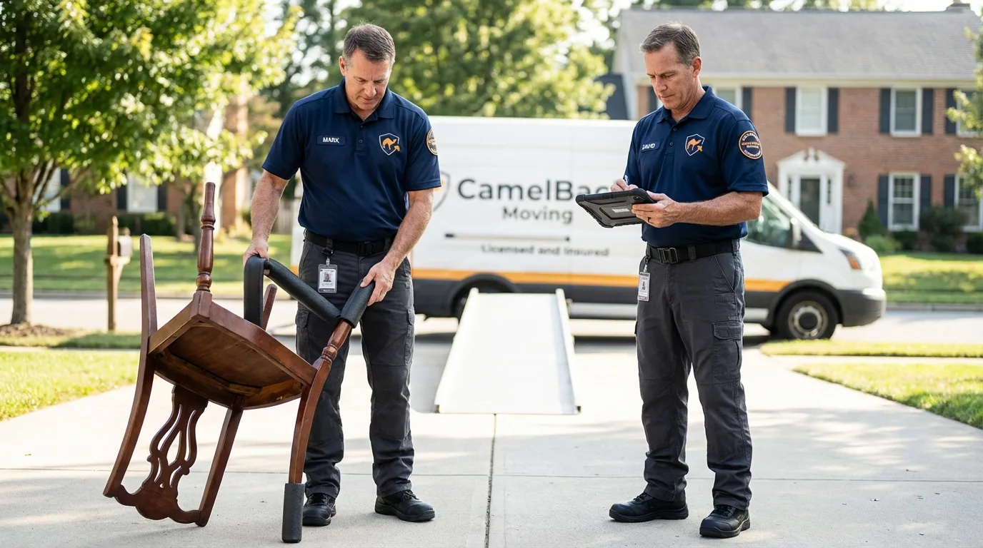 Movers inspecting furniture for damage prevention before loading in Reynoldsville, PA