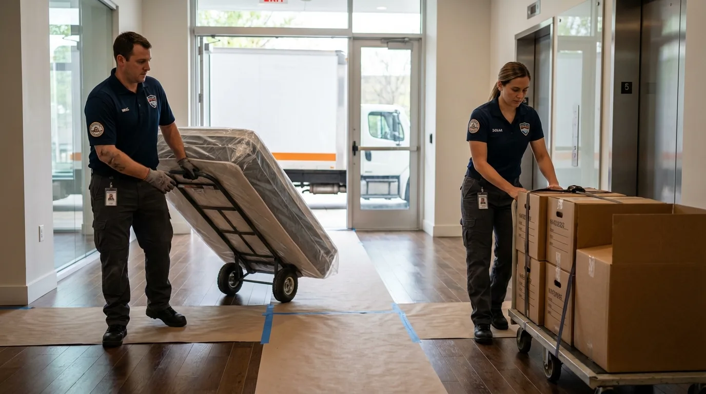 Professional apartment movers loading elevator in Reynoldsville, PA